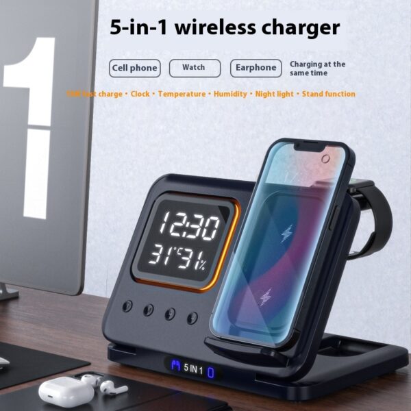 15W Wireless Chargers Stand 5 In1 LED Digital Alarm Clock Fast Charging Dock Station - Image 9